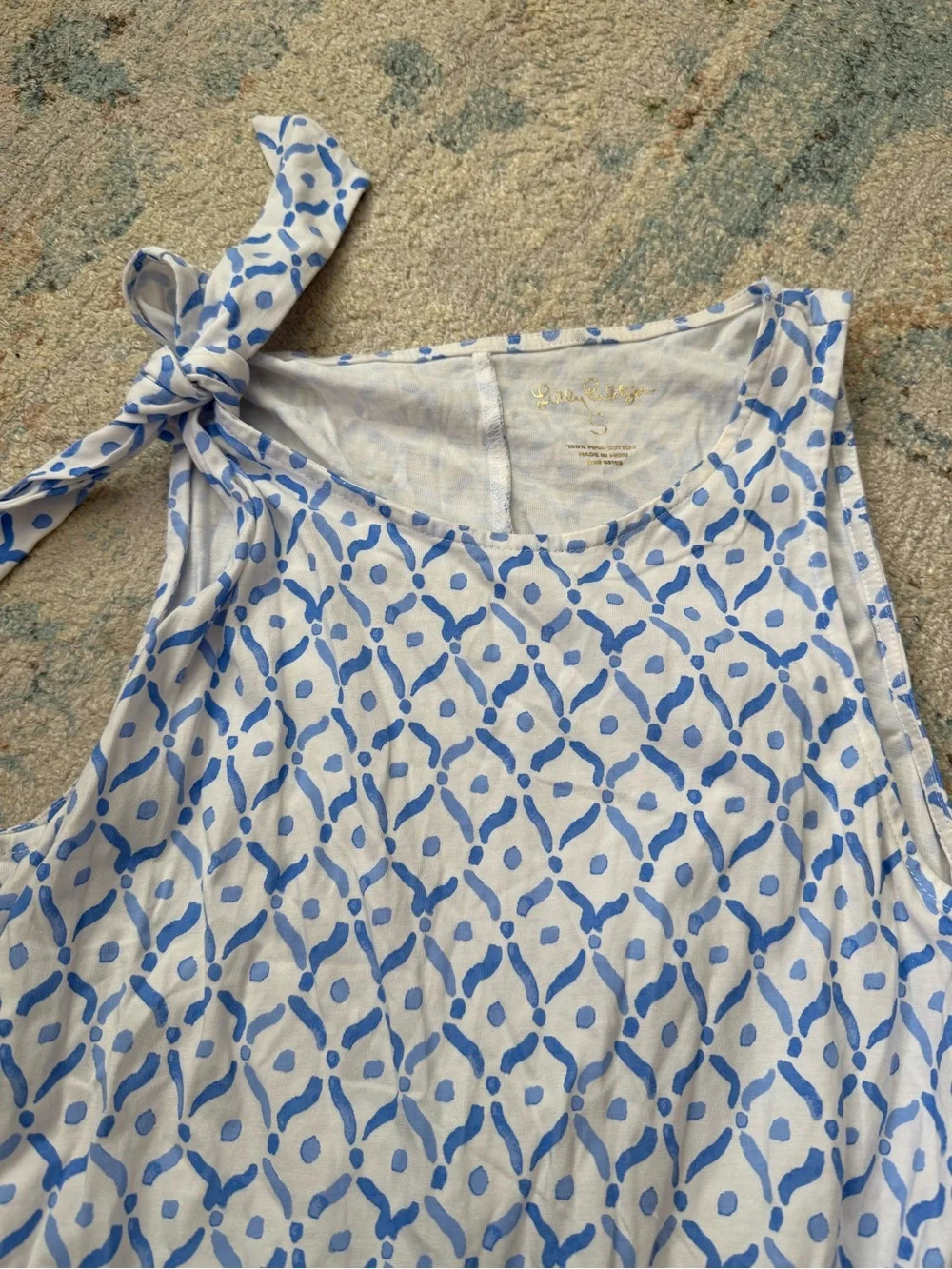 Lilly Pulitzer Blue & White Tie-Shoulder Casual Dress with Aqua & Pink Border